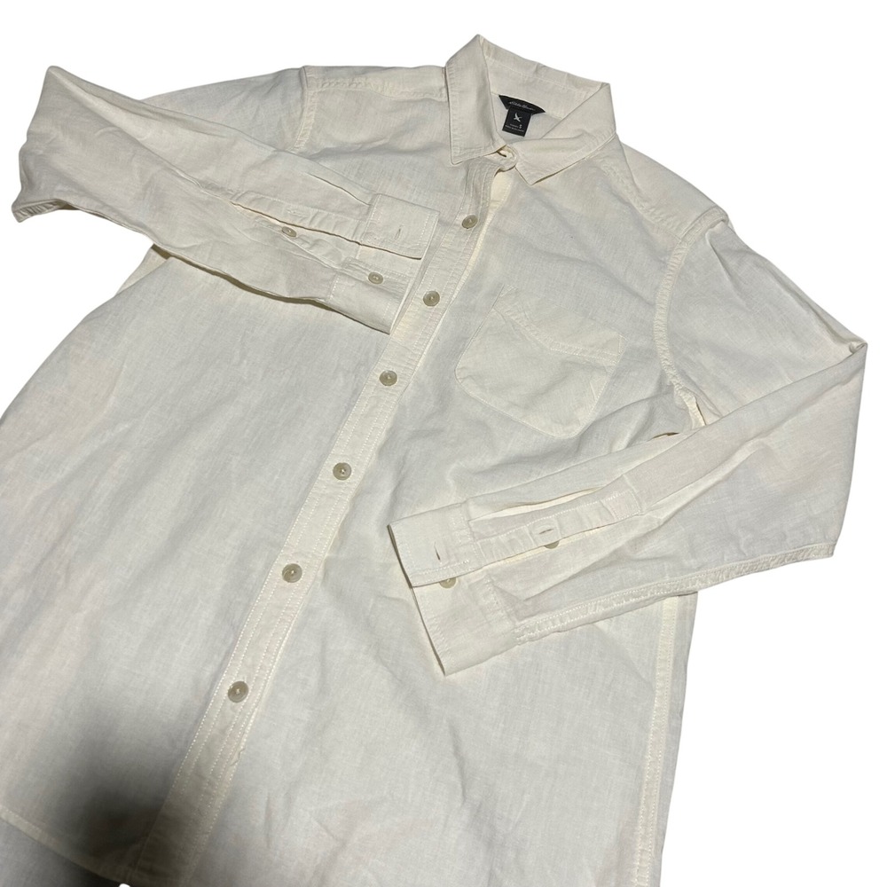 Eddie Bauer Button Up Shirt Womens S Cream Linen Blend Long Sleeve Pocket Top